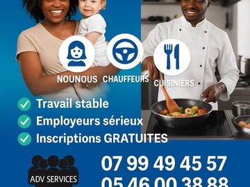Nounous, Chauffeurs, et Cuisiniers  - Poste disponible